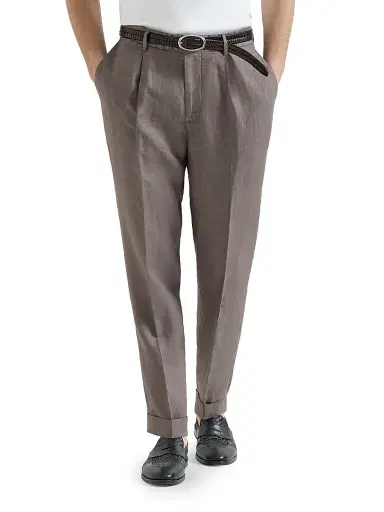 Brunello Cucinelli Men's Garment Dyed Trousers in Linen Gabardine with Pleats - Hazelnut - Size 52 | Thumbnail 2