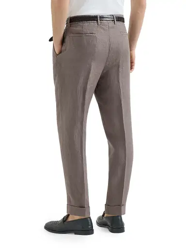 Brunello Cucinelli Men's Garment Dyed Trousers in Linen Gabardine with Pleats - Hazelnut - Size 52 | Thumbnail 4