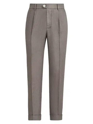 Brunello Cucinelli Men's Garment Dyed Trousers in Linen Gabardine with Pleats - Hazelnut - Size 52 | Thumbnail 1