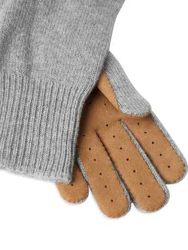 Brunello Cucinelli Men's Cashmere Knit Gloves with Suede Palm - Light Grey | Thumbnail 2