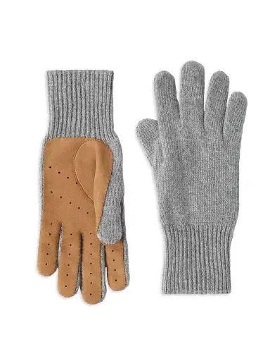 Brunello Cucinelli Men's Cashmere Knit Gloves with Suede Palm - Light Grey | Thumbnail 1