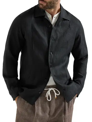 Brunello Cucinelli Men's Linen Easy Fit Shirt with Crête Details - Black - Size XXXL | Thumbnail 2