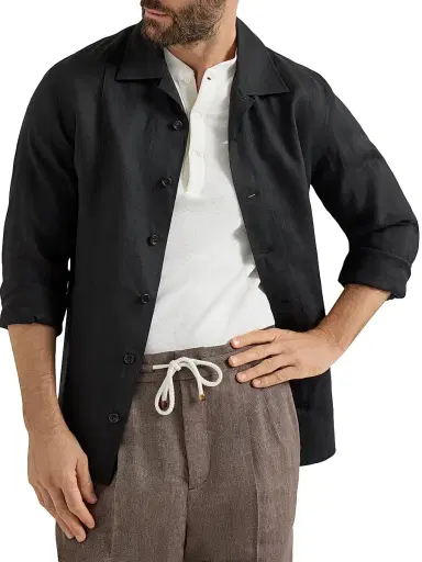Brunello Cucinelli Men's Linen Easy Fit Shirt with Crête Details - Black - Size XXXL | Thumbnail 4