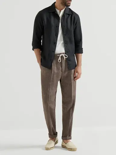 Brunello Cucinelli Men's Linen Easy Fit Shirt with Crête Details - Black - Size XXXL | Thumbnail 6