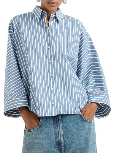 Brunello Cucinelli Women's Cotton Shadow Stripe Poplin Shirt with Monili - Azure | Thumbnail 2 Brunello Cucinelli Women's Cotton Shadow Stripe Poplin Shirt with Monili - Azure | Thumbnail 2
