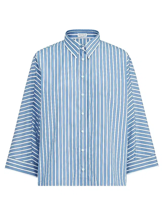 Brunello Cucinelli Women's Cotton Shadow Stripe Poplin Shirt with Monili - Azure