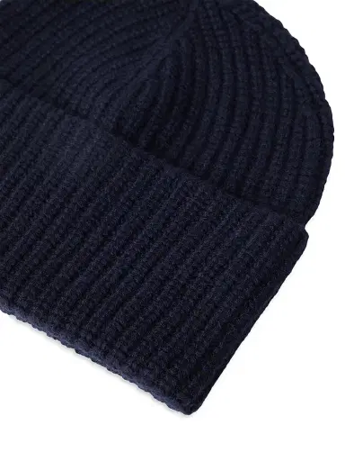 Brunello Cucinelli Men's Cashmere English Rib Knit Beanie - Navy Blue | Thumbnail 2 Brunello Cucinelli Men's Cashmere English Rib Knit Beanie - Navy Blue | Thumbnail 2
