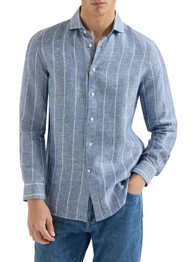Brunello Cucinelli Men's Linen Denim Effect Twill Easy Fit Shirt with Spread Collar | Thumbnail 2
