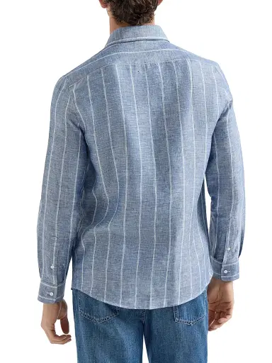 Brunello Cucinelli Men's Linen Denim Effect Twill Easy Fit Shirt with Spread Collar | Thumbnail 3