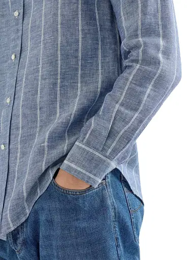 Brunello Cucinelli Men's Linen Denim Effect Twill Easy Fit Shirt with Spread Collar | Thumbnail 4