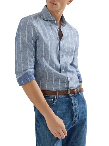 Brunello Cucinelli Men's Linen Denim Effect Twill Easy Fit Shirt with Spread Collar | Thumbnail 5