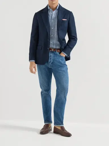 Brunello Cucinelli Men's Linen Denim Effect Twill Easy Fit Shirt with Spread Collar | Thumbnail 6