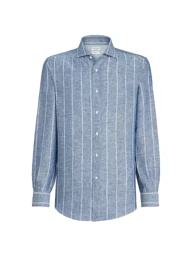 Brunello Cucinelli Men's Linen Denim Effect Twill Easy Fit Shirt with Spread Collar | Thumbnail 1