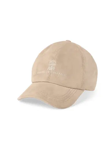 Brunello Cucinelli Men's Suede Baseball Cap with Embroidered Logo - Beige | Thumbnail 1