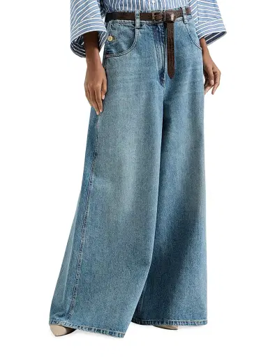 Brunello Cucinelli Women's Authentic Denim Maxi Trousers with Monili - Denim | Thumbnail 2