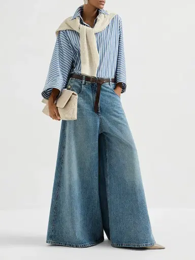 Brunello Cucinelli Women's Authentic Denim Maxi Trousers with Monili - Denim | Thumbnail 6