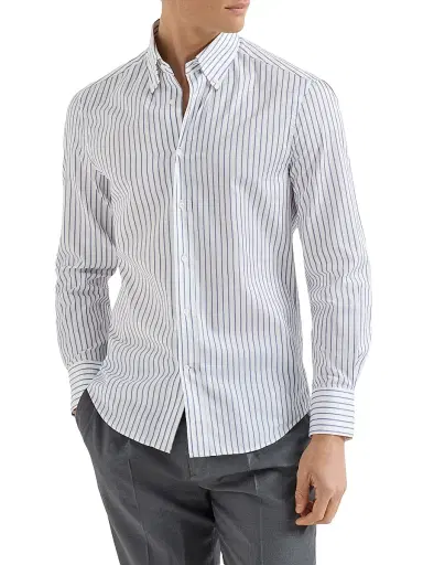 Brunello Cucinelli Men's Multistripe Twill Slim Fit Shirt with Button Down Collar | Thumbnail 2