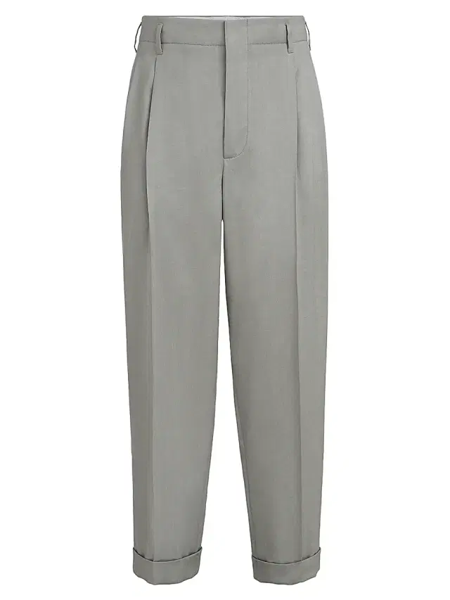 Brunello Cucinelli Men's Linen, Virgin Wool and Mohair Gabardine Trousers with Double Pleats - Khaki