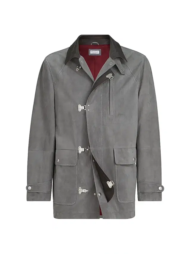 Men's Suede Outerwear Jacket with Hook Fastening - Medium Grey