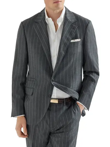 Brunello Cucinelli Men's Super 150s Virgin Wool Wide Chalk Stripe Batavia Blazer | Thumbnail 2
