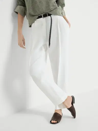 Brunello Cucinelli Women's Viscose and Linen Fluid Twill Slouchy Trousers - White | Thumbnail 5 Brunello Cucinelli Women's Viscose and Linen Fluid Twill Slouchy Trousers - White | Thumbnail 5