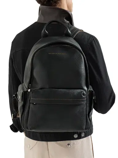 Brunello Cucinelli Men's Grained Calfskin Travel Backpack - Black | Thumbnail 2 Brunello Cucinelli Men's Grained Calfskin Travel Backpack - Black | Thumbnail 2
