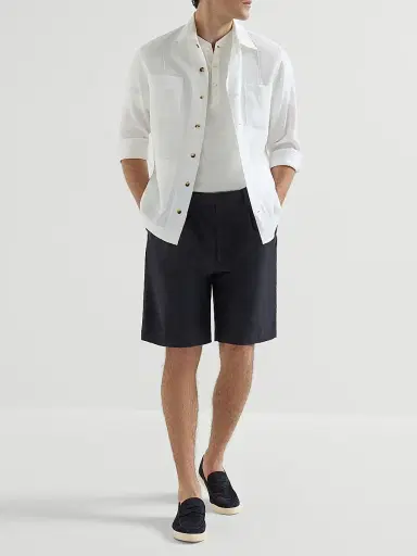 Brunello Cucinelli Men's Cotton and Linen Panama Bermuda Shorts with Pleats - Navy Blue - Size 46 | Thumbnail 6