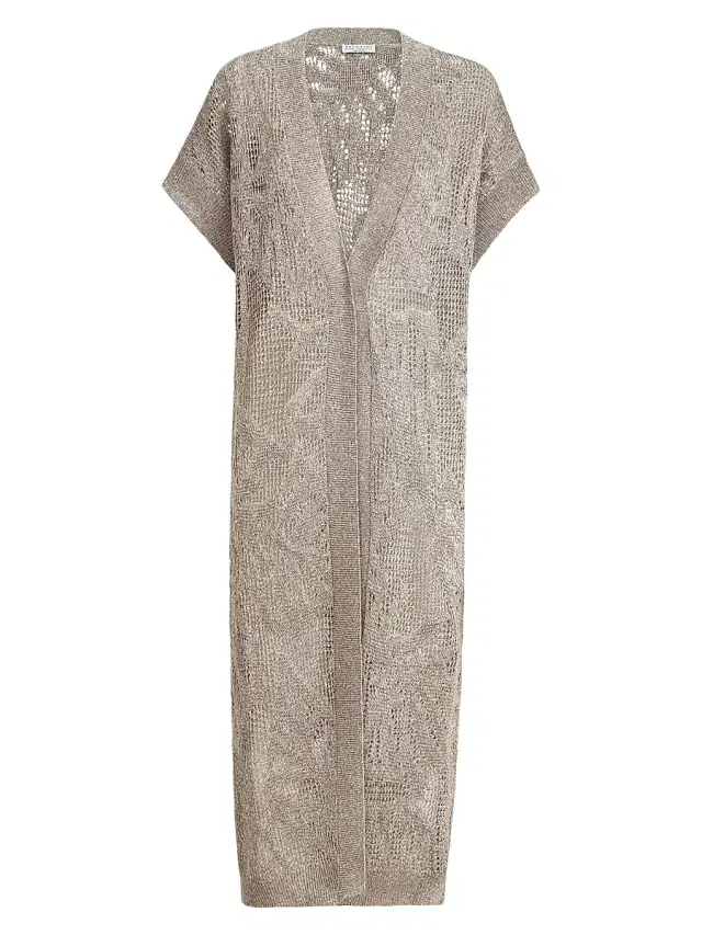 Brunello Cucinelli Women's Dazzling Water Lillies Long Cardigan in Linen and Cotton - Mud