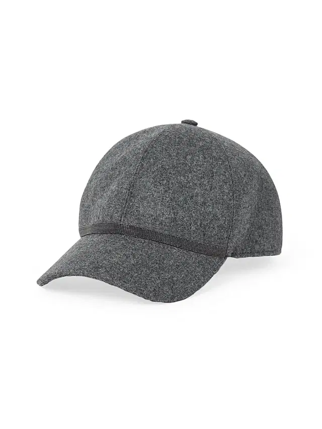 Women's Virgin Wool and Cashmere Flannel Baseball Cap with Shiny Band - Dark Grey