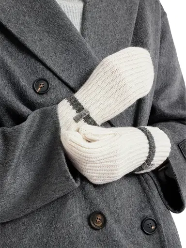 Brunello Cucinelli Women's Cashmere English Rib Knit Mittens with Monili - Panama - Size Small | Thumbnail 2 Brunello Cucinelli Women's Cashmere English Rib Knit Mittens with Monili - Panama - Size Small | Thumbnail 2