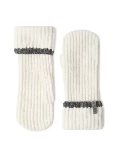Brunello Cucinelli Women's Cashmere English Rib Knit Mittens with Monili - Panama - Size Small | Thumbnail 1 Brunello Cucinelli Women's Cashmere English Rib Knit Mittens with Monili - Panama - Size Small | Thumbnail 1