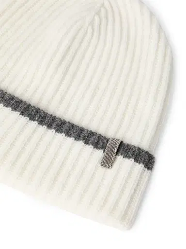 Brunello Cucinelli Women's Cashmere English Rib Knit Beanie with Monili - Panama - Size Small | Thumbnail 2 Brunello Cucinelli Women's Cashmere English Rib Knit Beanie with Monili - Panama - Size Small | Thumbnail 2