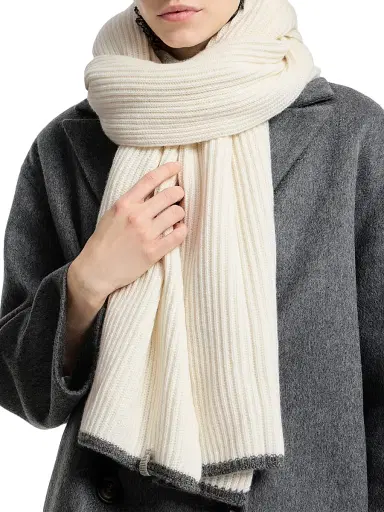 Brunello Cucinelli Women's Cashmere English Rib Knit Scarf with Monili - Panama | Thumbnail 1 Brunello Cucinelli Women's Cashmere English Rib Knit Scarf with Monili - Panama | Thumbnail 1