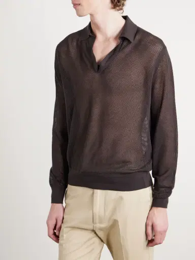 Tom Ford Open-Knit Sea Island Cotton and Silk-Blend Polo Shirt - Men | Thumbnail 3