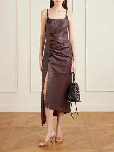 Rabanne Asymmetric Ruched Leather Midi Dress | Thumbnail 2