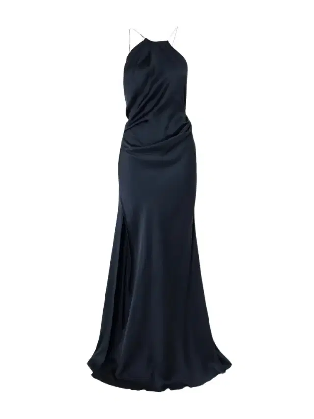 Chain-embellished Draped Satin Halterneck Gown