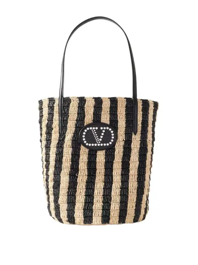 Vlogo Signature Small Leather-trimmed Striped Raffia Bucket Bag