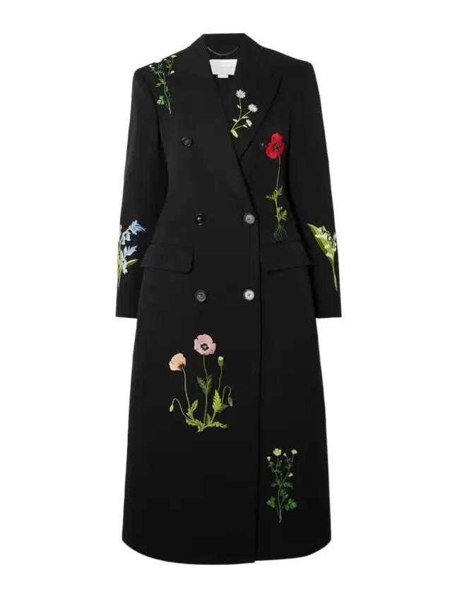 Double-breasted Embroidered Wool-twill Coat