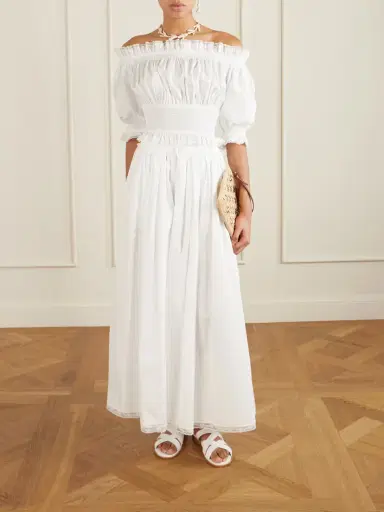 Dolce & Gabbana Off-the-shoulder Lace-trimmed Shirred Cotton-blend Poplin Top | Thumbnail 2