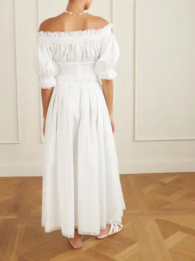 Dolce & Gabbana Off-the-shoulder Lace-trimmed Shirred Cotton-blend Poplin Top | Thumbnail 3