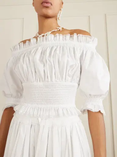 Dolce & Gabbana Off-the-shoulder Lace-trimmed Shirred Cotton-blend Poplin Top | Thumbnail 4