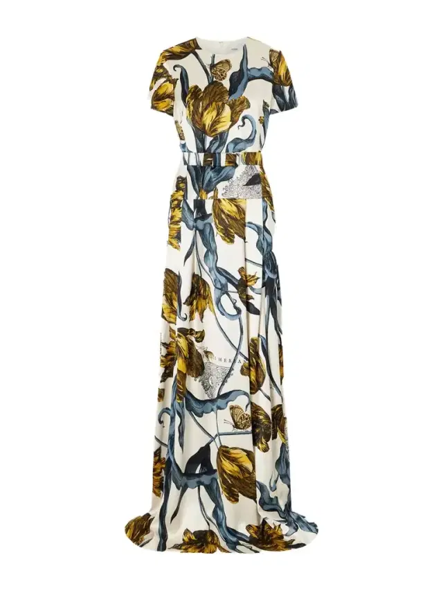 Belted Printed Satin Gown