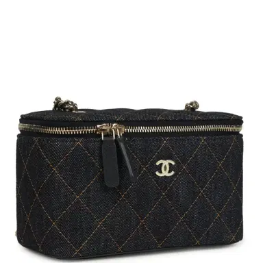 Chanel Chanel Small Classic Vanity Case Dark Blue Denim Light Gold Hardware | Thumbnail 2