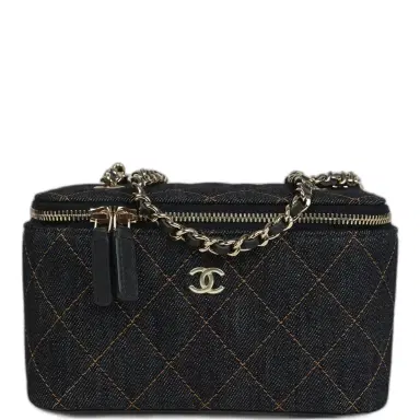 Chanel Chanel Small Classic Vanity Case Dark Blue Denim Light Gold Hardware | Thumbnail 1