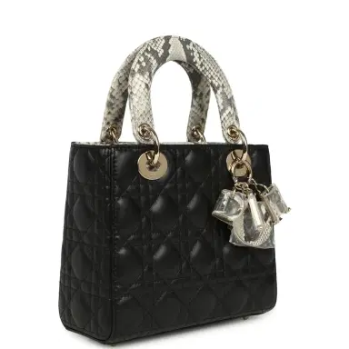 Dior Christian Dior Small Lady Dior Bag Black Cannage Lambskin and Multicolor Python Light Gold Hardware | Thumbnail 2