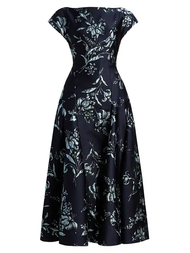 Lela Rose Women's Metallic Floral Jacquard Cocktail Dress - Navy