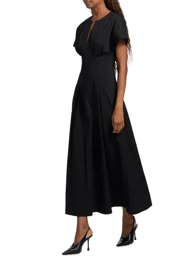 Lela Rose Women's Smocked Back Cotton Poplin Midi-Dress - Black | Thumbnail 2