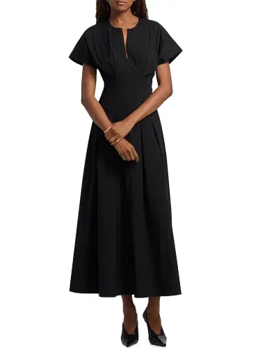 Lela Rose Women's Smocked Back Cotton Poplin Midi-Dress - Black | Thumbnail 3