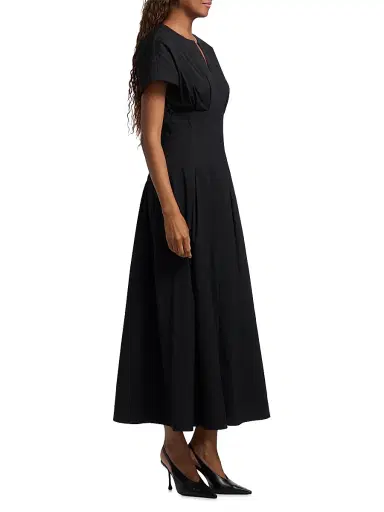 Lela Rose Women's Smocked Back Cotton Poplin Midi-Dress - Black | Thumbnail 4