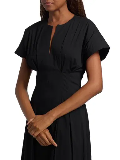 Lela Rose Women's Smocked Back Cotton Poplin Midi-Dress - Black | Thumbnail 6